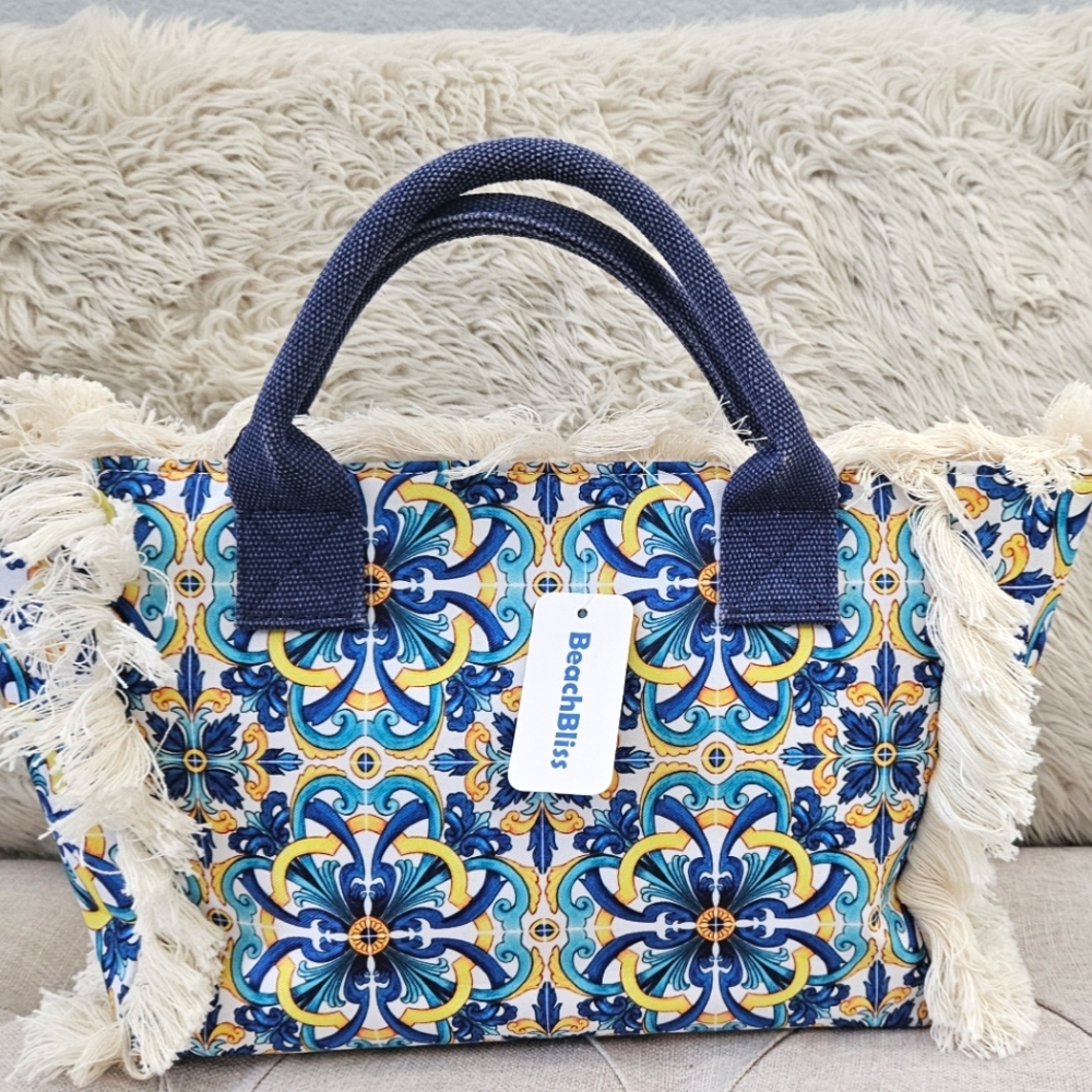 BEACH BLISS-Blue Mosiac Pattern  Fringe Shaggy Tiki Beach Trav Bag NWT